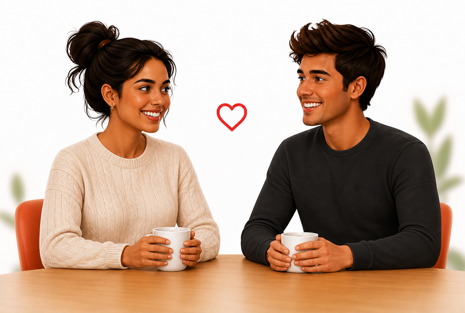 Two people smiling over coffee, each holding one cup